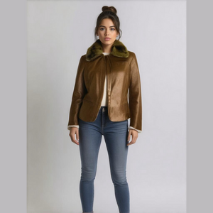 Peter Nygard Brown Faux Leather Fur Collar Zip Up Moto Bomber Fall Jacket Size 6